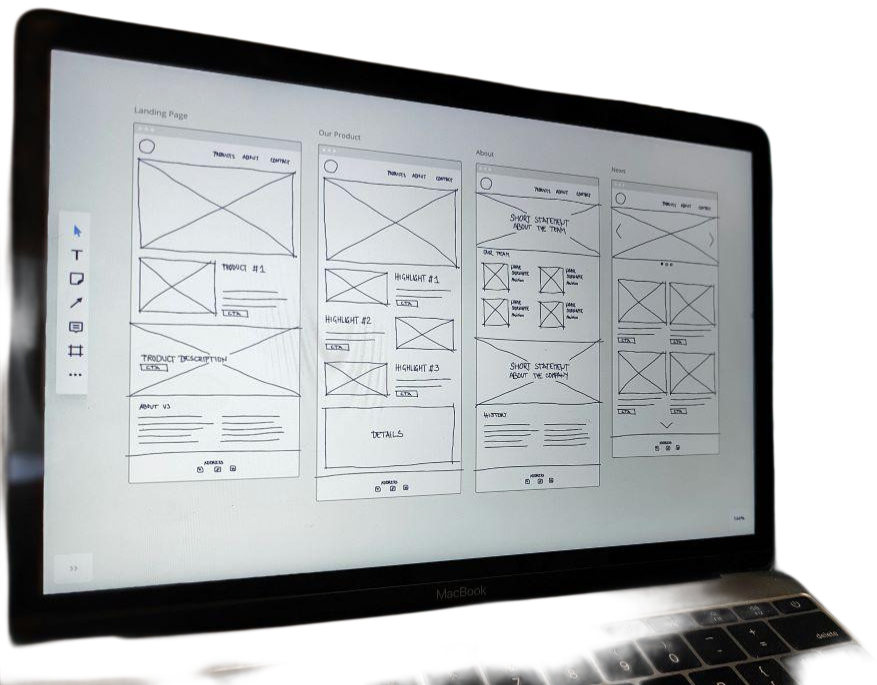 image of a laptop with a wireframe representing the design process.